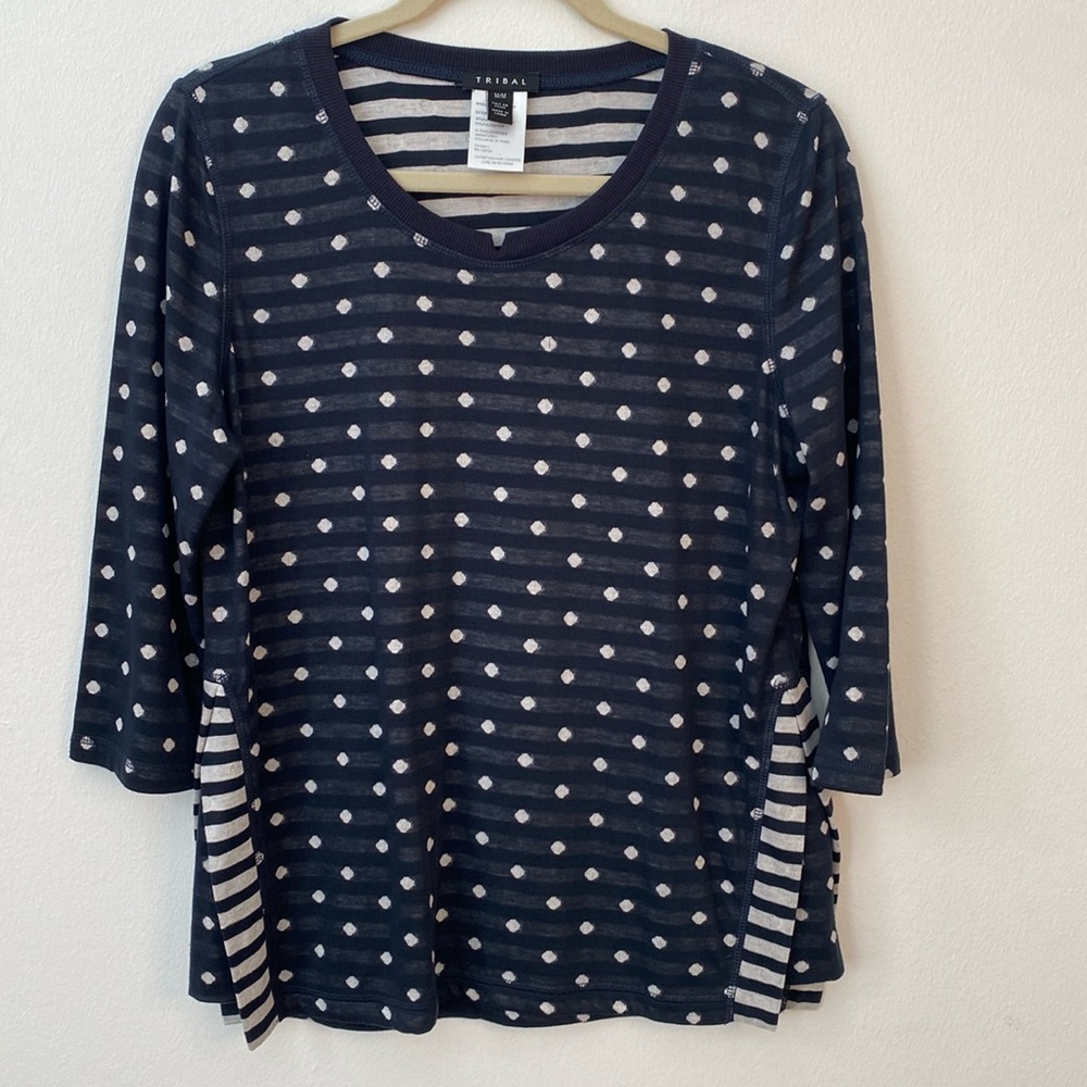 TRIBAL Jeans Women’s top Medium 3/4 Sleeves Navy Off White Polka Dots Stripes